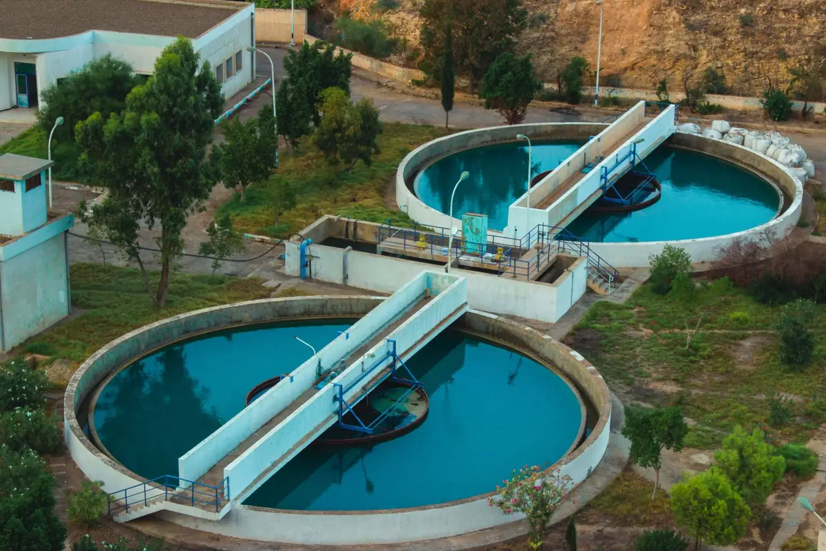 Circular settling basins at a water treatment plant, seen from above the site.